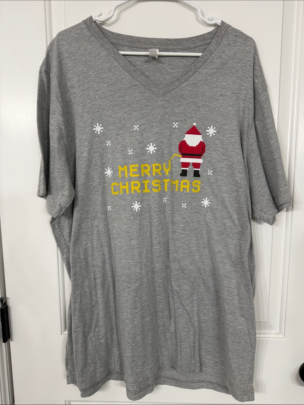 Bella Canvas Gray V-Neck Tee with Yellow "Merry Christmas" and Red Santa